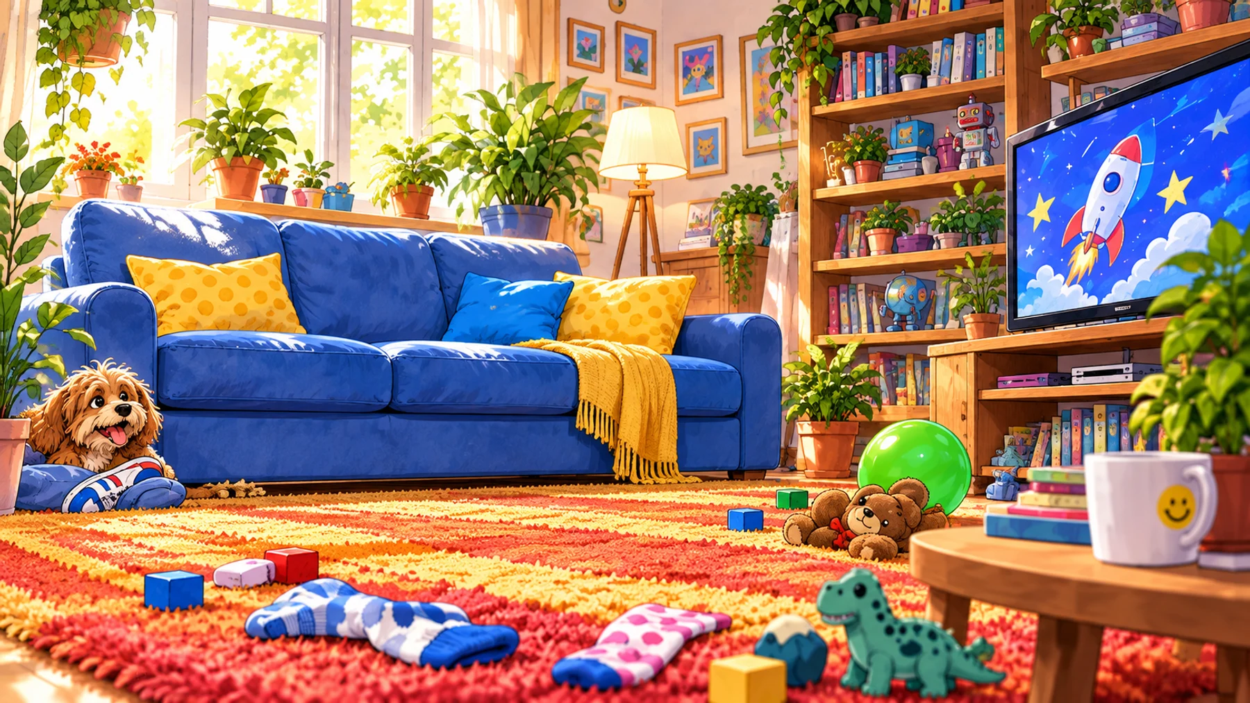 Le salon : canapé bleu, bibliothèque, télévision et jouets éparpillés
